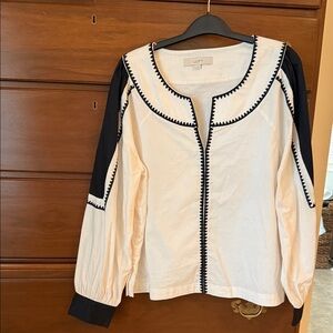 LOFT Cream and Black Embroidered Blouse